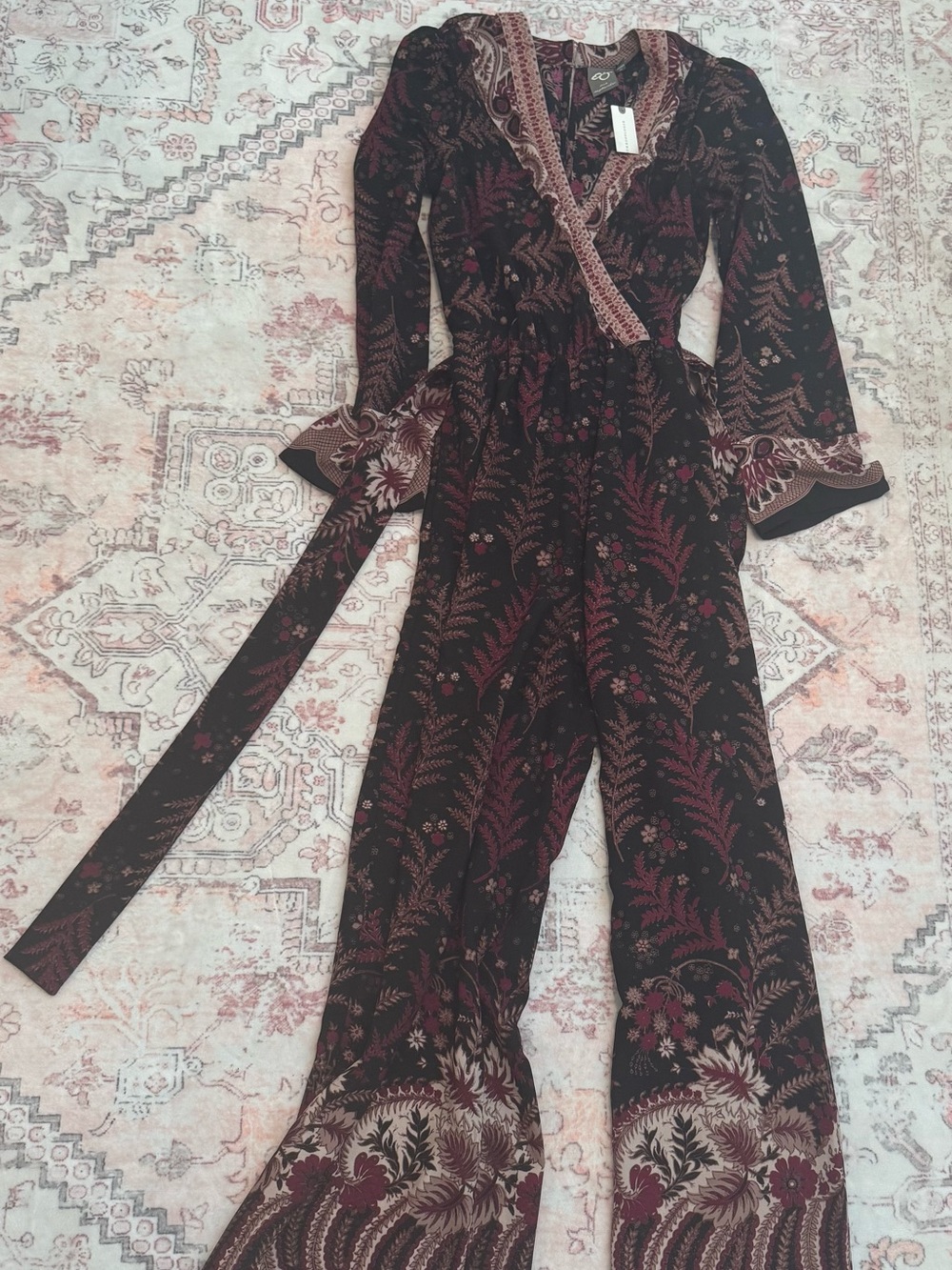 Anthropologie Black Jumpsuit with Burgundy Botanical Print